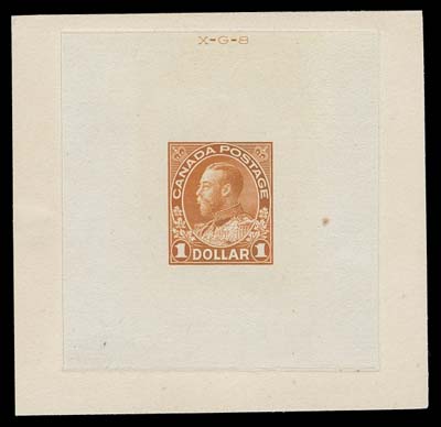 CANADA  122,Die proof printed in orange, colour of issue, on india paper 54 x 58mm die sunk on slightly larger card 70 x 68mm with clear die  "X-G-8" number above stamp design; small tone spot at right and archival adhesive on reverses, an important proof, VF