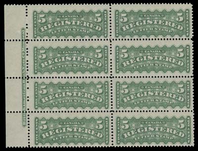 CANADA  F2,A post office fresh mint plate block of eight showing full British American Bank Note imprint (Boggs Type V) in the left sheet margin, nicely centered with exceptional colour and full original gum; a beautiful plate multiple in selected quality, VF NH (Cat. $4,800 as stamps only)
