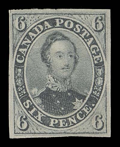 CANADA  5,A fabulous unused example displaying amazing rich colour - the unmistakable early shade, on wove paper and surrounded by ample to full margins, miniscule scissor cut at top left clear of frameline. A highly desirable stamp, VF and destined for the finest of collections. "One of the rarest unused stamps of Canada" - excerpt from the Professor Julian Smith sale catalogue.Expertization: 1986 Greene Foundation certificateProvenance: Maurice Burrus, Robson Lowe Ltd., April 1963; Lot 101                   Duane Hilmer, Sotheby Parke Bernet, September 1977; Lot 77                   Julian A. Smith, Maresch, October 1986; Lot 13                   "Lindemann" Collection, private treaty circa. 1997A BEAUTIFUL, VERY FINE UNUSED EXAMPLE OF THE SIX PENCE SLATE GREY ON WOVE PAPER.