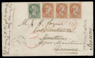 CANADA  1876 (November 24) An attractive, clean cover from Fingal, Ontario to Menton, France; slightly reduced at right, bearing Montreal printing perf 11½x12 2c green and a 3c red strip of three cancelled by neat manuscript, light split ring dispatch at left, strip tied by London Paid 11 DE 76 CDS red transit, crayon "3" denoting 3d British Claim; Menton 12 DEC arrival. Then forwarded across the border to San Remo, Italy with next-day backstamp; free of charge according to UPU postal regulations as both countries had joined on January 1st, 1876. Postage to France was to 10c per half ounce January 1876 effective to August 1, 1878 when Canada joined the UPU. An unusual franking overpaying by one cent the short-lived pre-UPU 10 cent rate and forwarded without postage due to newly adopted regulations between France and Italy, F-VF (Unitrade 36e, 37e) ex. Michael Rixon (November 2001; Lot 195)