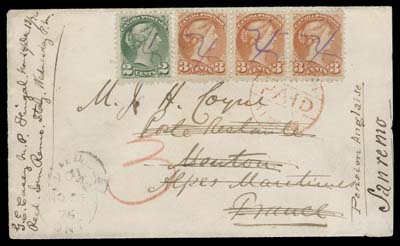 CANADA  1876 (November 24) An attractive, clean cover from Fingal, Ontario to Menton, France; slightly reduced at right, bearing Montreal printing perf 11½x12 2c green and a 3c red strip of three cancelled by neat manuscript, light split ring dispatch at left, strip tied by London Paid 11 DE 76 CDS red transit, crayon "3" denoting 3d British Claim; Menton 12 DEC arrival. Then forwarded across the border to San Remo, Italy with next-day backstamp; free of charge according to UPU postal regulations as both countries had joined on January 1st, 1876. Postage to France was to 10c per half ounce January 1876 effective to August 1, 1878 when Canada joined the UPU. An unusual franking overpaying by one cent the short-lived pre-UPU 10 cent rate and forwarded without postage due to newly adopted regulations between France and Italy, F-VF (Unitrade 36e, 37e) ex. Michael Rixon (November 2001; Lot 195)

