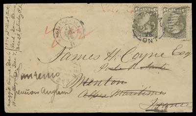 CANADA  1876 (December 7) Envelope from St. Thomas, Ontario to Menton, France bearing pair of 5c olive green Montreal printing perf 12, one with negligible perf flaw, nicely tied by St. Thomas duplex, portion of London PAID ties stamp at top left, Calais 21 DEC 76 transit on front along with Menton 22 DEC arrival CDS on back. Redirected across the border to San Remo, Italy with next day CDS on reverse. A nice 10 cent pre-UPU cover to France, remailed to Italy without postage due based on newly adopted UPU regulations between France and Italy, VF (Unitrade 38) ex. Bill Simpson (Part II, May 1996; Lot 180)