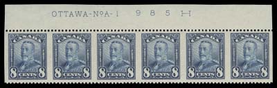 CANADA  154b,An exceptionally fresh and choice mint Plate 1 imprint strip of six imperforate vertically, very well centered. A rare part-imperforate plate multiple, XF NH 