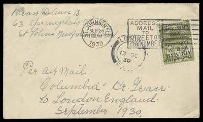 NEWFOUNDLAND  1930 (September 25) "Columbia" Flight cover to London franked with the special Trans-Atlantic flight surcharge 50c on 36c olive green (Position 2 in the setting of four), fine with intact perforations and exceptionally tied by St. John