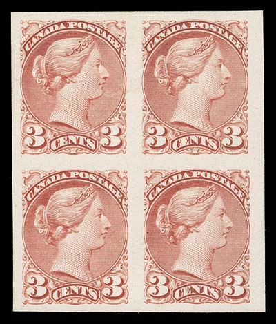 CANADA  37,A wonderful plate proof block of four with exceptional colour characteristic of an early printing, on card mounted india paper with huge margins all around; rarely seen in a block, VF; ex. "Scenic" Collection (Sam Nickle) (November 1982; Lot 2177), Bill Simpson (Part I, March 1996; Lot 171), Ted Nixon (March 2012; Lot 122)