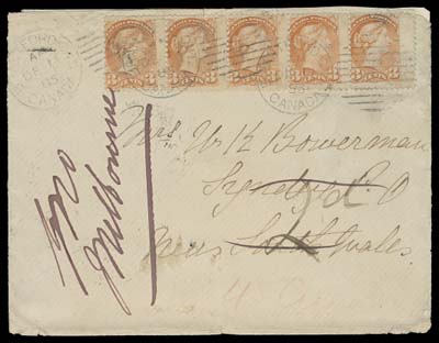 CANADA  1885 (December 14) Cover from Brantford, Ont. to Sydney, New South Wales bearing 3c orange red strip of five Montreal printing perf 12, tied by clear dispatch duplex, via Windsor DE 14, San Francisco DEC 21 & DEC 29, arriving in Sydney JA 23; red crayon "45ctm" denotes 45 centimes or 9c credit to US. Redirected to Melbourne, Victoria State with "2d" manuscript fee, Melbourne JA 25 receiver. Portion of backflap missing and some edge flaws affecting second stamp; a very scarce 15c non-UPU letter rate to the Australian Colonies, Fine (Unitrade 37) ex. Michael Rixon (November 2001; Lot 213)

Postage rates to New South Wales and Victoria via the US were 15c per half ounce from April 1879 to October 1882. These Colonies joined the UPU October 1st, 1891; prior to that redirection of letters between them was not free.