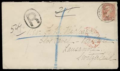 CANADA  1896 (June 3) Clean registered cover to Switzerland with single-franking 10c pink Ottawa printing, nicely centered with brilliant fresh colour, tied by centrally struck Yorkville dispatch CDS, oval "R" registered handstamp at left, oval Registered London 13 JU 96 transit in red; on reverse Lausanne 14.VI.96 receiver CDS. A beautiful registered cover to Switzerland with a desirable 10 cent single franking, VF (Unitrade 45b)