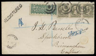 CANADA  1884 (July 11) Registered cover to Birmingham, England bearing a 5c olive green Montreal printing perf 12 strip of three slightly overlapped by a 5c bluish green RLS, all tied by target cancels, partial Montreal dispatch CDS and clear receiver on back; backflap missing and some edge wrinkles. An unusual triple UPU letter rate plus 5c registration to the United Kingdom, F-VF and very scarce. (Unitrade 38, F2) ex. Charles deVolpi (October 1965; Lot 280), Horace Harrison (October 2003; Lot 491)
