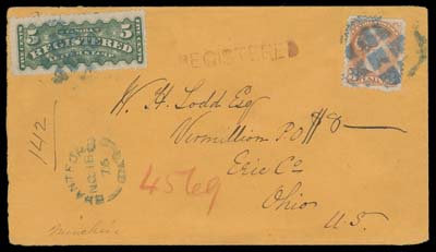 CANADA  1876 (November 18) A very attractive orange cover in clean condition mailed registered to Vermilion, Ohio bearing 3c orange red Montreal printing perf 11½x12 and 5c green perf 12, both tied by neat segmented corks in blue with same-ink split ring dispatch at left, G.W.R. East / Accomdn RPO split ring and boxed cancels on back. According to Harrison, Arfken & Lussey "Canada