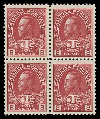 CANADA  MR3a,An unusually choice mint block displaying the characteristic richer shade associated with this scarcer die, in exceptional condition precise centering and amazing colour on fresh paper with full pristine original gum, VF+ NH