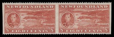 NEWFOUNDLAND  236c,A nicely centered mint pair imperforate vertically, exceptionally fresh and very lightly hinged. A highly select example of this sought-after perforation variety, VF VLH