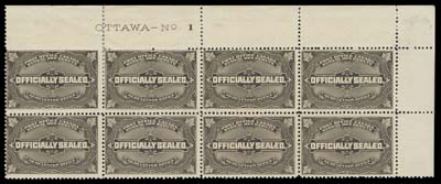 CANADA  OX4,Upper right Plate 1 block of eight, some split perfs supported by a hinge on top left pair, couple natural gum bends. A rare plate multiple, full original gum with six stamps NEVER HINGED, Fine+; 2014 Greene Foundation cert.