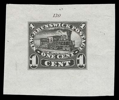 NEW BRUNSWICK  6,"Goodall" die proof in black on india paper 42 x 34mm, showing die number "130" above design. A very attractive and rare proof ideal for exhibition, VF (Minuse & Pratt 6TC2g)
