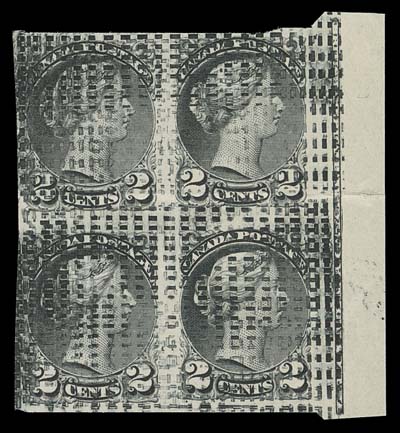 CANADA  36,Imperforate block of four showing full BABN plate imprint (Boggs Type IV) in right margin, overall "blanket" of small defacement dashes; top pair with horizontal crease, otherwise VF, a rare positional proof block; ex. "Lindemann" collection, Ted Nixon (March 2012; Lot 84)