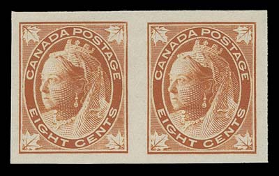 CANADA  66a-73i,A fabulous "hand-picked" set of eight mint imperforate pairs, on vertical wove paper or horizontal wove in the case of the 5c and 8c, deep rich colours and mostly large margins. The key 3 cent and 8 cent pairs are NEVER HINGED. A challenging set to assemble in superior condition, VF-XF