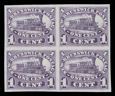 NEW BRUNSWICK  6P,Plate proof block of four in dark violet on india paper, VF