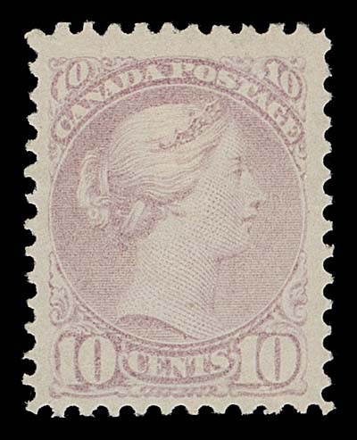 CANADA  40e,A most attractive mint example of this very challenging shade - a very early printing only a few months after issue in November 1874. Nicely centered with large margins and displaying the distinctive, brilliant colour on pristine fresh paper, and large part characteristic dull, streaky white original gum. A true condition rarity and a great stamp for an advanced collection, VF OGProvenance: Ted Nixon, March 2012; Lot 297                   Daniel Cantor, November 2015; Lot 207