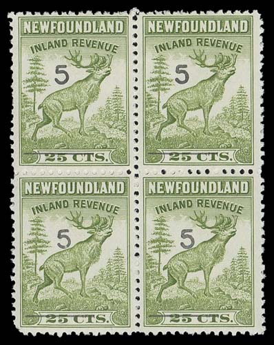 NEWFOUNDLAND REVENUES  NFR44,Provisional surcharge mint block of four with bottom pair NH; very scarce, VF LH; accompanied by photocopy of Department of Finance letter dated June 1967 pertaining to quantities issued. (Van Dam cat. $875)