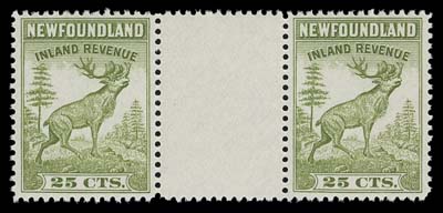 NEWFOUNDLAND REVENUES  NFR36a, NFR38a,Scarce gutter margin mint pairs with bright colours, VF NH (Van Dam cat. $900)