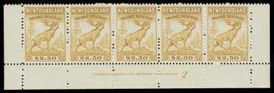 NEWFOUNDLAND REVENUES  NFR41,Two different shades on fluorescent paper, lower margin strips of five with Bradbury, Wilkinson imprint and Plate "2" and "2a" respectively, VF NH (Van Dam cat. $675 as singles)
