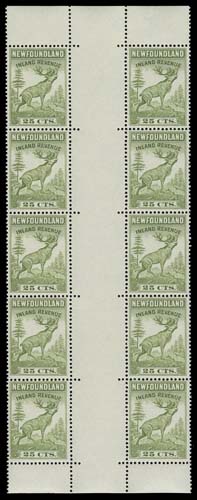 NEWFOUNDLAND REVENUES  NFR46a-NFR48a,The set of three mint vertical gutter margin blocks of ten; also 5c & 10c complete sheets of 50 showing panes with Plate "2" and "2a" imprint divided by gutter between, F-VF NH (Van Dam cat. $730; no premium added for plate imprints)