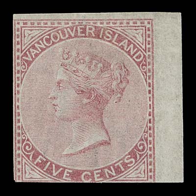 BRITISH COLUMBIA  3,A rare mint single, just into frame at foot, otherwise clear to large marins with portion of sheet margin at right, brilliant fresh colour and displaying the characteristic full, dull streaky original gum associated with the early De La Rue printings, barely perceptible hinging; small "J.SCHL" (Julius Schlesinger) backstamp. A lovely mint example of this British North America rarity, Fine VLH; 1998 & 2020 Greene Foundation certificates