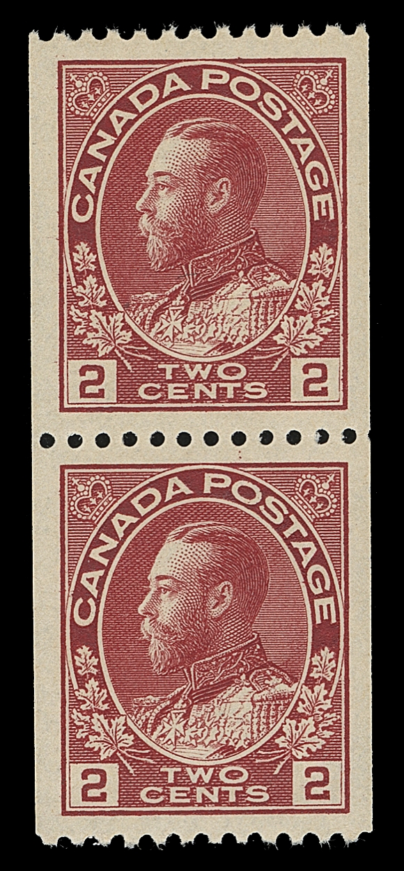 CANADA  132,An exceptionally well centered mint coil pair with deep colour and full immaculate original gum, XF NH