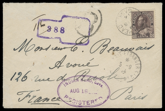 CANADA  1914 (August 18) Registered cover from Indian Head, Saskatchewan to Paris, France, franked with a 10c plum tied by clear dispatch CDS, additional oval registered datestamp in violet at foot, registered "keyhole" number and oval "R" handstamp in black, French 3-9 14 receiver; pays 5c UPU letter + 5c registration, VF (Unitrade 116)