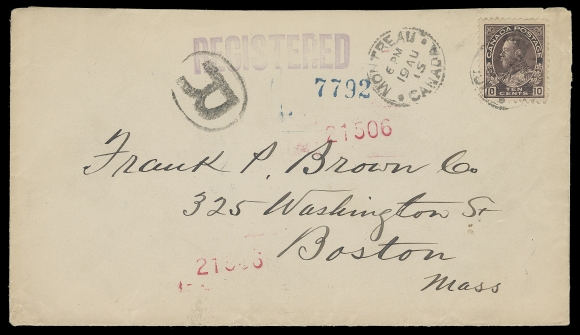 CANADA  1915 (August 19) Clean registered cover from Montreal to Boston franked with a well centered 10c plum tied by AU 19 dispatch CDS, AUG 20 receiver backstamps; an unusual single-franking paying the correct 4c double preferred rate, 1c War Tax and 5c registration, VF (Unitrade 116) ex. Bayes (1996)
