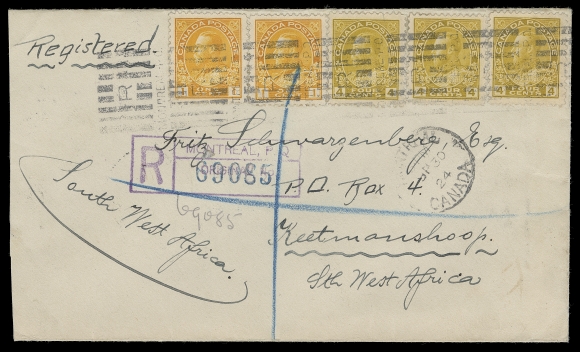 CANADA  1924 (September 30) A clean registered cover from Montreal to Keetmanshoop, South West Africa (a former German Colony; now Namibia), displaying an outstanding franking consisting of two 1c yellow Die I and three 4c olive bistre, all wet printings, tied by Montreal "R" roller cancel, dispatch postmark and registered handstamp below, London 10 OCT transit and superb Keetmanshoop S.W.A. 30 OCT 24 receiver backstamp. An exceptional rate cover to a rare destination paying the Empire rate of 14c (1c War Tax, 3c postage and 10c registration), ideal for exhibition, VF (Unitrade 105, 110)