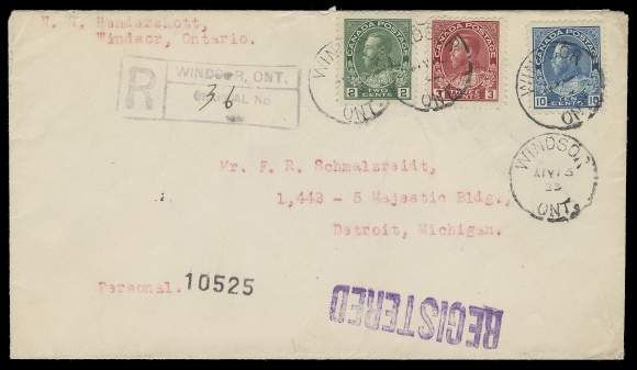 CANADA  1925 (May 15) Clean registered cover from Windsor, Ontario to Detroit, franked with 2c green, 3c carmine die II and 10c blue dry printings tied by dispatch postmarks, registered handstamp in violet, same day receiver backstamp. An appealing three-colour franking paying a 4c double preferred letter rate + 1c War Tax and 10c registration, VF (Unitrade 107e, 109c, 117a) ex. Bayes (1996)