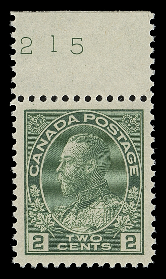 CANADA  107e,A post office fresh mint single, plate number "215" in top  margin, mathematically centered with full unblemished original gum. Superb in all respects and ideal for the perfectionist, XF  NH GEM; 2009 Sergio Sismondo graded certificate (Graded GEM 100)