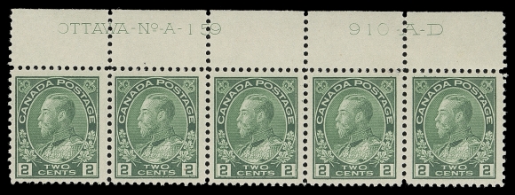 CANADA  107 shade,A very attractive mint Plate 159 strip of five in a distinctive shade - the first printing of the two cent green, brilliant fresh and nicely centered, couple light hinge marks in selvedge and natural gum skip on third stamp, all stamps never hinged. VF; ex. "Phillips" (Part One, June 2013; Lot 292)