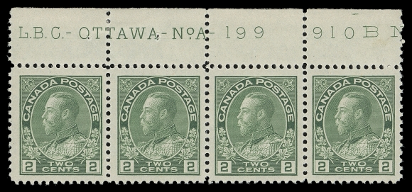 CANADA  107iv,An attractive mint Plate A199 strip of four in an unusually bright shade, well centered with large margins, hinged in selvedge only, stamps VF-XF NH; ex. "Phillips" (Part One, June 2013; Lot 297)