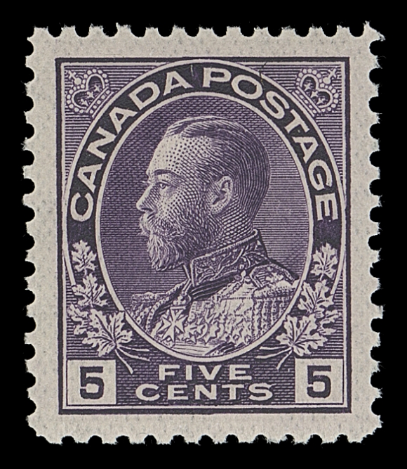 CANADA  112a,An outstanding mint example, very well centered with unusually large margins for this printing, displaying intact perforations and the distinctive paper with strong vertical mesh, post office fresh with full pristine original gum. A fabulous stamp in all respects, XF NH GEM; 2020 PSE cert. (Graded Superb 98J; the highest graded 5 cent violet of any shade / printing)