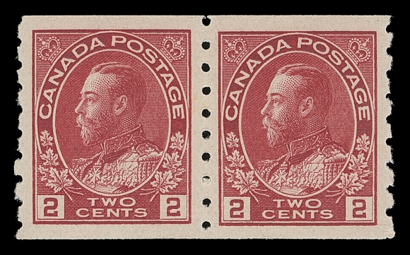 CANADA  127,A very well centered mint pair in an early shade closely resembling the deep rose red found on regular issued stamp, bold impression, appealing, VF+ NH