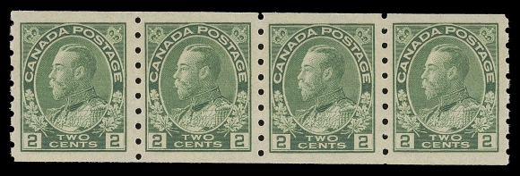 CANADA  128 shade,A remarkably well centered mint coil strip of four in the distinctive unlisted shade, fabulous colour, bright impression and full immaculate original gum, XF NH GEM (Unitrade cat as normal)