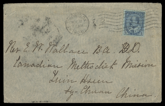 CANADA  1908 (November 10) Cover from Toronto to Sichuan in the Interior of Mainland China, via San Francisco, Shanghai and Chungking and franked with 5c blue KEVII paying the 5c per ounce non-UPU letter rate, tied by Toronto machine cancel; three different transit backstamps clearly shown. Cover wrinkles at right, a desirable destination, VF (Unitrade 91)Literature: Illustrated and described in Arfken & Pawluk "A Canadian Postal History 1897-1911" book on page 220 (Figure 313).