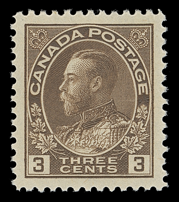 CANADA  108c,A superb mint example, precisely centered with well-balanced large margins, XF NH GEM; 2020 PSE cert. (Graded Gem 100J - the highest graded 3c brown Admiral stamp, the next being 98J which is offered in this sale)