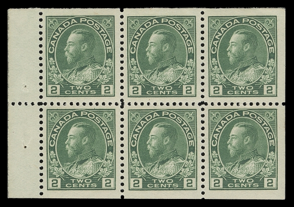 CANADA  107c variety,An extremely well centered mint booklet pane of six on the distinctive horizontal mesh paper - a recent discovery; the stamps are smaller in height similar to the well documented "squat" printings found on the 1c green and 2c carmine. Lovely fresh colour and full original gum, very few exist, especially desirable in such choice condition, XF NH (Unitrade catalogue value for a normal pane on vertical wove paper)