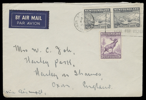 NEWFOUNDLAND  1941 (Nov 4) Airmail cover to England franked with pair of 25c grey and 5c violet, Die I "Blitz" printing perf 13½, tied by St. John