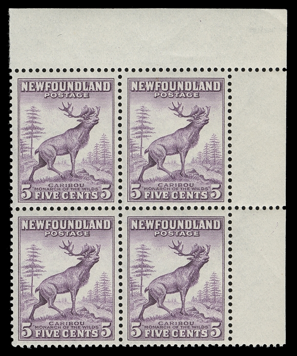 NEWFOUNDLAND  257ix,A rare emergency printing corner margin block without plate number (imprints do not exist on this elusive printing), displaying Perkins Bacon perforation gauge in  combination with the distinctive paper of Waterlow & Sons. Well centered with bright fresh colour; very few multiples exist, VF NH (SG 280 £720 as singles)