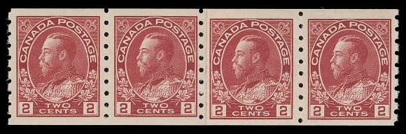 CANADA  127i,A lovely mint paste-up coil strip of four, extremely well centered for this, which is notorious for poor centering, true bright colour, VF+ NH