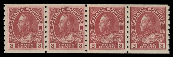 CANADA  130i,An impressive mint paste-up coil strip of four, superbly centered for this, intact perforations, lovely deep rich colour and full pristine original gum. Ideal for a collector seeking only the best, XF NH