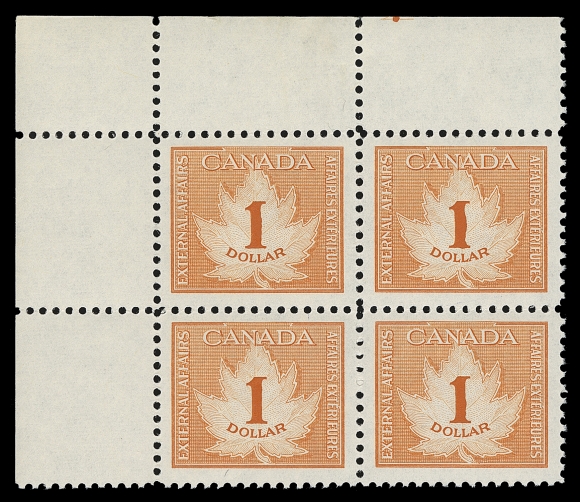 CANADA REVENUES (FEDERAL)  FCF1-FCF5, FCF3a, FCF4a,Mint set of five plus $2 off white paper, also $1 upper left block with scarce deformed "1" variety (on all four), minor bend at top left, VF NH (Van Dam $1,650)