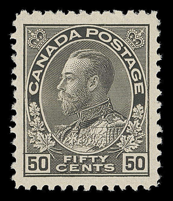 CANADA  120a,An impressive mint example from the first plate as described in the :George Marler Admiral handbook "Plate 1 were black but in a slightly lighter shade than early printings from Plate 2". Very well centered with noticeably large margins and distinctive bright colour, XF NH; 1997 Greene Foundation cert. & 2020 PSE cert. (Graded XF 90 as 120a black; this scarcer wet printing / shade is unpriced in any grade)