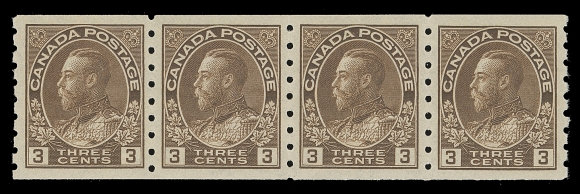 CANADA  129ii,A superbly centered mint coil strip of four with intact perforations and full pristine original gum. A beautiful strip, XF NH