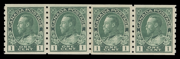 CANADA  125i,A selected mint paste-up coil strip of four, unusually well centered with intact perforations, bright colour and clear impression, XF NH