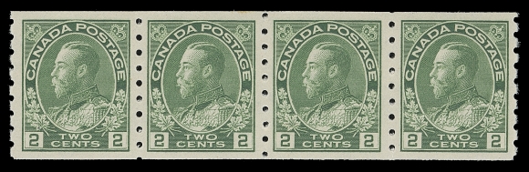 CANADA  128 shade,An extremely well centered mint coil strip of four in a striking bright yellow green shade, with intact perforations and full immaculate original gum. A wonderful item for the advanced Admiral collector, XF NH GEM