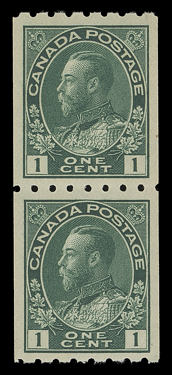 CANADA  123,An extremely well centered mint coil pair with intact perforations, deep rich colour and full pristine original gum; challenging to find in such quality, XF NH